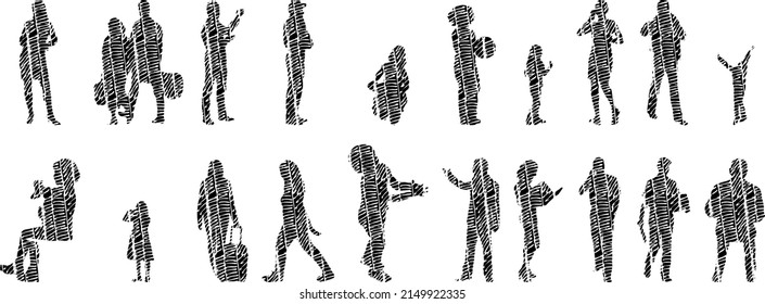 Vector silhouettes, Outline silhouettes of people, Contour drawing, people silhouette, Icon Set Isolated, Silhouette of sitting people, Architectural set	
