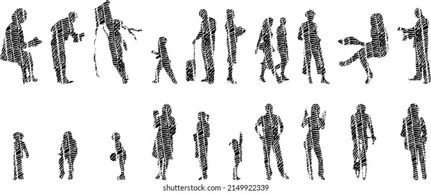 Vector silhouettes, Outline silhouettes of people, Contour drawing, people silhouette, Icon Set Isolated, Silhouette of sitting people, Architectural set	
