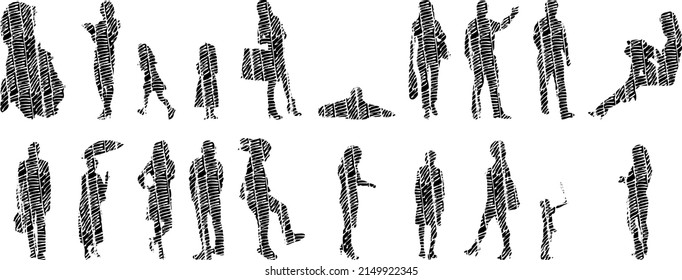 Vector silhouettes, Outline silhouettes of people, Contour drawing, people silhouette, Icon Set Isolated, Silhouette of sitting people, Architectural set	
