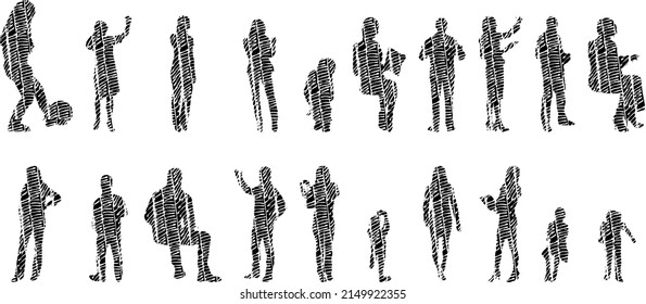 Vector silhouettes, Outline silhouettes of people, Contour drawing, people silhouette, Icon Set Isolated, Silhouette of sitting people, Architectural set	
