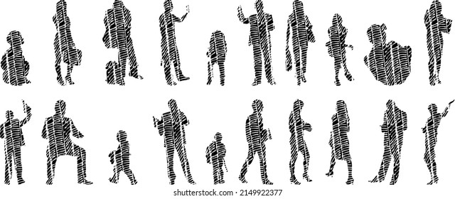 Vector silhouettes, Outline silhouettes of people, Contour drawing, people silhouette, Icon Set Isolated, Silhouette of sitting people, Architectural set	
