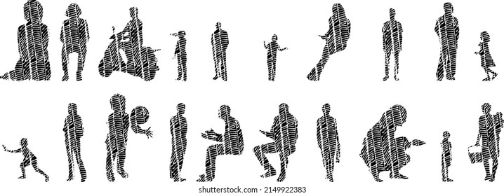 Vector silhouettes, Outline silhouettes of people, Contour drawing, people silhouette, Icon Set Isolated, Silhouette of sitting people, Architectural set	
