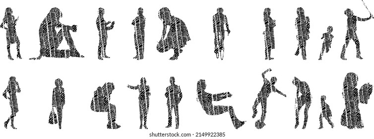 Vector silhouettes, Outline silhouettes of people, Contour drawing, people silhouette, Icon Set Isolated, Silhouette of sitting people, Architectural set	
