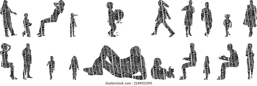 Vector silhouettes, Outline silhouettes of people, Contour drawing, people silhouette, Icon Set Isolated, Silhouette of sitting people, Architectural set	
