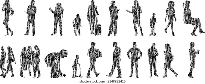 Vector silhouettes, Outline silhouettes of people, Contour drawing, people silhouette, Icon Set Isolated, Silhouette of sitting people, Architectural set	
