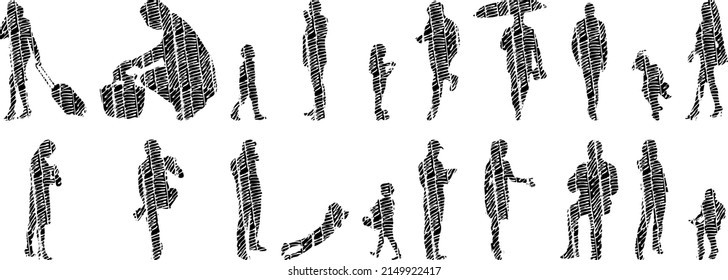 Vector silhouettes, Outline silhouettes of people, Contour drawing, people silhouette, Icon Set Isolated, Silhouette of sitting people, Architectural set	
