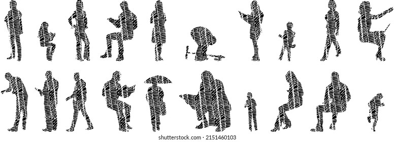Vector silhouettes, Outline silhouettes of people, Contour drawing, people silhouette, Icon Set Isolated, Silhouette of sitting people, Architectural set