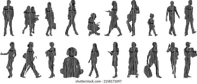 Vector silhouettes, Outline silhouettes of people, Contour drawing, people silhouette, Icon Set Isolated, Silhouette of sitting people, Architectural set