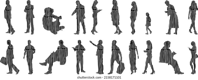Siluetas vectoriales, Siluetas de contorno de personas, Dibujo de contorno, silueta de personas, Conjunto de iconos aislados, Silueta de personas sentadas, Conjunto arquitectónico