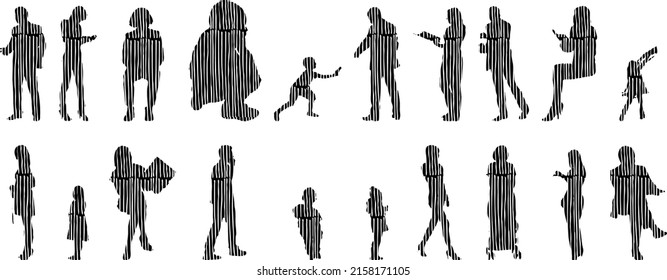 Vector silhouettes, Outline silhouettes of people, Contour drawing, people silhouette, Icon Set Isolated, Silhouette of sitting people, Architectural set