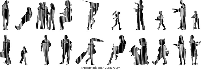 Vector silhouettes, Outline silhouettes of people, Contour drawing, people silhouette, Icon Set Isolated, Silhouette of sitting people, Architectural set