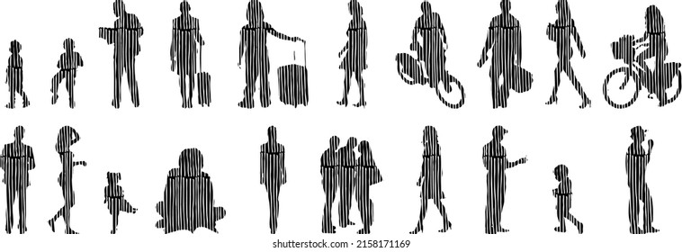 Vector silhouettes, Outline silhouettes of people, Contour drawing, people silhouette, Icon Set Isolated, Silhouette of sitting people, Architectural set