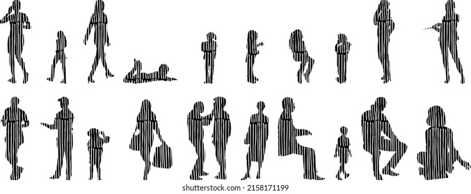 Vector silhouettes, Outline silhouettes of people, Contour drawing, people silhouette, Icon Set Isolated, Silhouette of sitting people, Architectural set