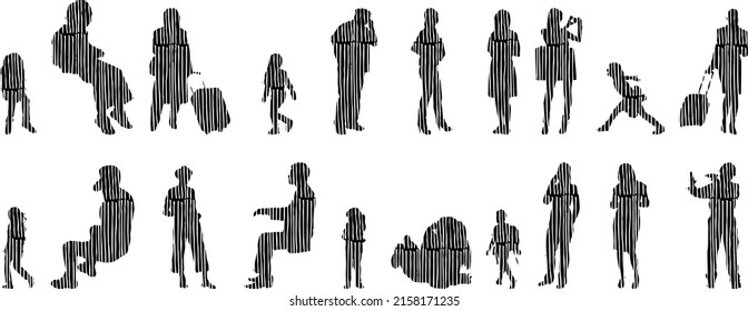 Vector silhouettes, Outline silhouettes of people, Contour drawing, people silhouette, Icon Set Isolated, Silhouette of sitting people, Architectural set