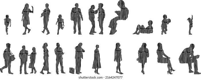 Vector silhouettes, Outline silhouettes of people, Contour drawing, people silhouette, Icon Set Isolated, Silhouette of sitting people, Architectural set	
