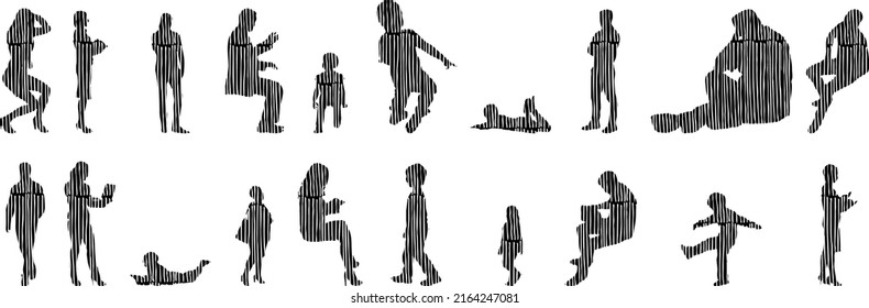Vector silhouettes, Outline silhouettes of people, Contour drawing, people silhouette, Icon Set Isolated, Silhouette of sitting people, Architectural set	
