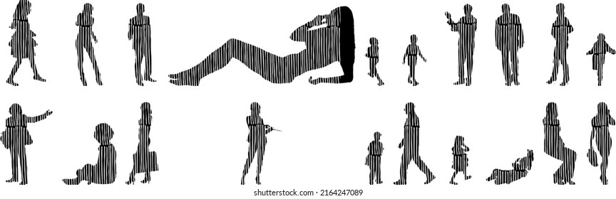 Vector silhouettes, Outline silhouettes of people, Contour drawing, people silhouette, Icon Set Isolated, Silhouette of sitting people, Architectural set	
