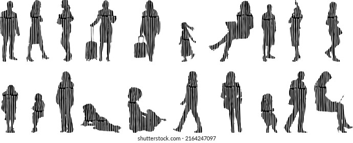 Vector silhouettes, Outline silhouettes of people, Contour drawing, people silhouette, Icon Set Isolated, Silhouette of sitting people, Architectural set	
