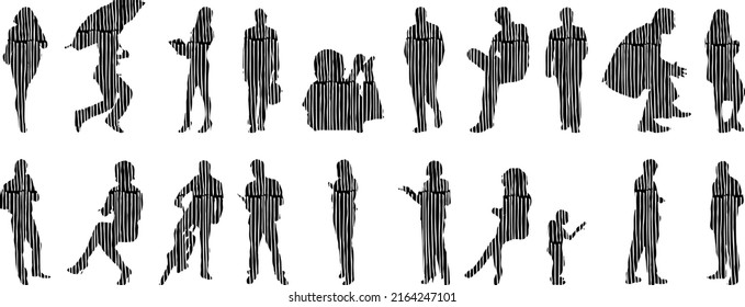 Vector silhouettes, Outline silhouettes of people, Contour drawing, people silhouette, Icon Set Isolated, Silhouette of sitting people, Architectural set	
