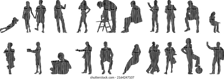 Vector silhouettes, Outline silhouettes of people, Contour drawing, people silhouette, Icon Set Isolated, Silhouette of sitting people, Architectural set	
