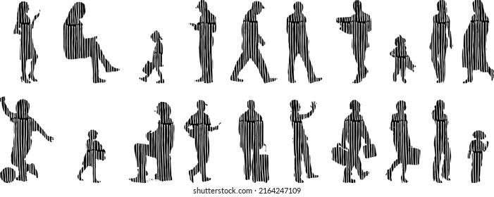 Vector silhouettes, Outline silhouettes of people, Contour drawing, people silhouette, Icon Set Isolated, Silhouette of sitting people, Architectural set	
