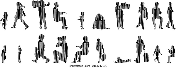 Vector silhouettes, Outline silhouettes of people, Contour drawing, people silhouette, Icon Set Isolated, Silhouette of sitting people, Architectural set	
