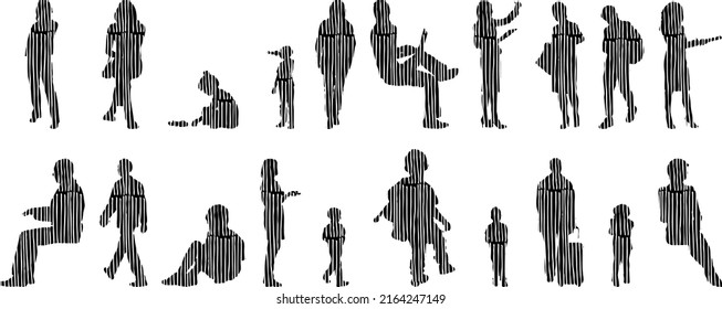 Vector silhouettes, Outline silhouettes of people, Contour drawing, people silhouette, Icon Set Isolated, Silhouette of sitting people, Architectural set	
