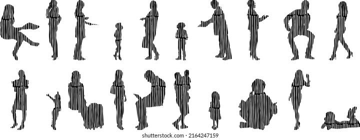 Vector silhouettes, Outline silhouettes of people, Contour drawing, people silhouette, Icon Set Isolated, Silhouette of sitting people, Architectural set	
