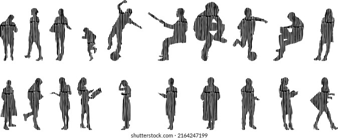 Vector silhouettes, Outline silhouettes of people, Contour drawing, people silhouette, Icon Set Isolated, Silhouette of sitting people, Architectural set	
