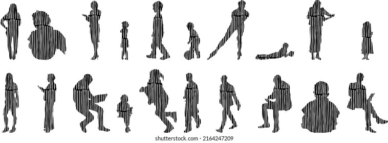 Vector silhouettes, Outline silhouettes of people, Contour drawing, people silhouette, Icon Set Isolated, Silhouette of sitting people, Architectural set	
