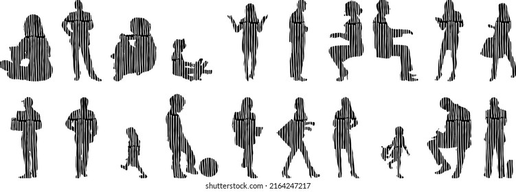 Vector silhouettes, Outline silhouettes of people, Contour drawing, people silhouette, Icon Set Isolated, Silhouette of sitting people, Architectural set	
