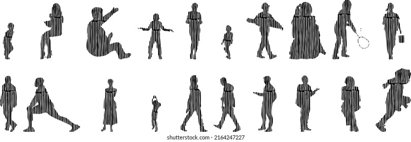 Vector silhouettes, Outline silhouettes of people, Contour drawing, people silhouette, Icon Set Isolated, Silhouette of sitting people, Architectural set	

