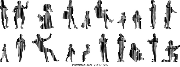 Vector silhouettes, Outline silhouettes of people, Contour drawing, people silhouette, Icon Set Isolated, Silhouette of sitting people, Architectural set	
