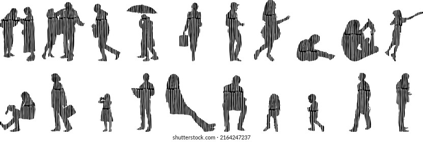 Vector silhouettes, Outline silhouettes of people, Contour drawing, people silhouette, Icon Set Isolated, Silhouette of sitting people, Architectural set	

