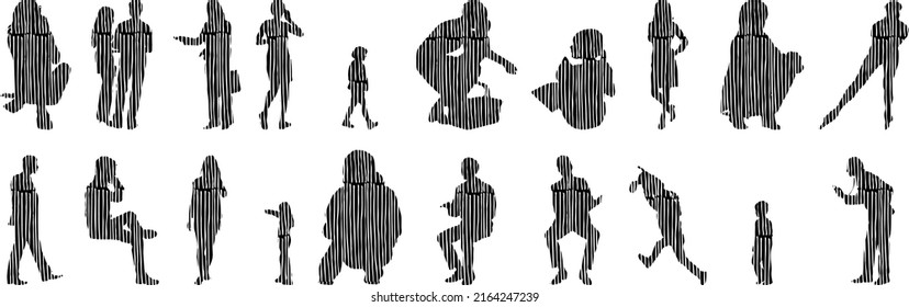 Vector silhouettes, Outline silhouettes of people, Contour drawing, people silhouette, Icon Set Isolated, Silhouette of sitting people, Architectural set	
