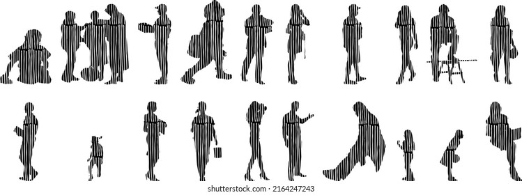 Vector silhouettes, Outline silhouettes of people, Contour drawing, people silhouette, Icon Set Isolated, Silhouette of sitting people, Architectural set	
