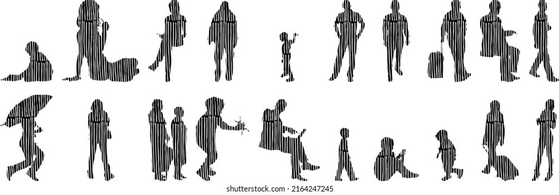 Vector silhouettes, Outline silhouettes of people, Contour drawing, people silhouette, Icon Set Isolated, Silhouette of sitting people, Architectural set	
