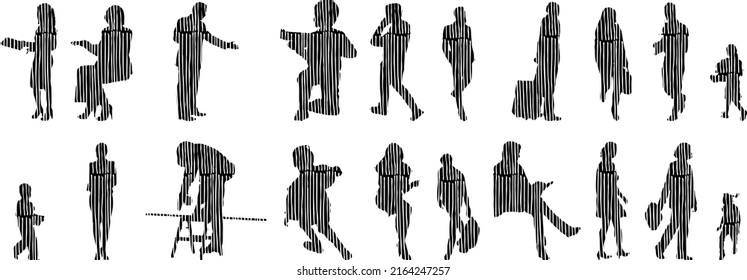 Vector silhouettes, Outline silhouettes of people, Contour drawing, people silhouette, Icon Set Isolated, Silhouette of sitting people, Architectural set	
