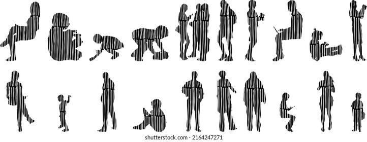 Vektor-Silhouetten, Silhouetten-Linien, Konturzeichnungen, Silhouette-Leute, Symbolsatz isoliert, Silhouette sitzender Menschen, Architekturset	
