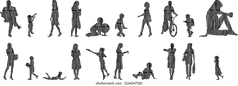 Vector silhouettes, Outline silhouettes of people, Contour drawing, people silhouette, Icon Set Isolated, Silhouette of sitting people, Architectural set	
