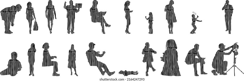 Siluetas vectoriales, Siluetas de contorno de personas, Dibujo de contorno, silueta de personas, Conjunto de iconos aislados, Silueta de personas sentadas, Conjunto arquitectónico	
