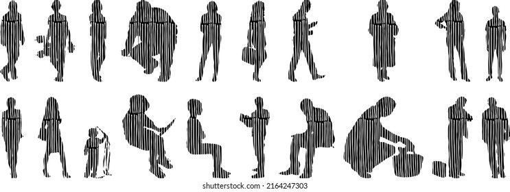 Vector silhouettes, Outline silhouettes of people, Contour drawing, people silhouette, Icon Set Isolated, Silhouette of sitting people, Architectural set	
