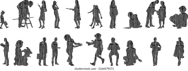 Vector silhouettes, Outline silhouettes of people, Contour drawing, people silhouette, Icon Set Isolated, Silhouette of sitting people, Architectural set	
