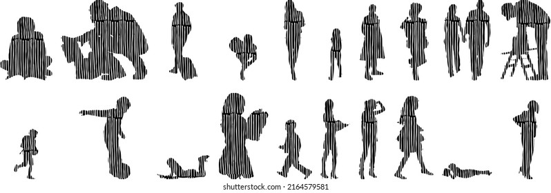 Vector silhouettes, Outline silhouettes of people, Contour drawing, people silhouette, Icon Set Isolated, Silhouette of sitting people, Architectural set	
