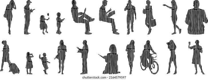 Vector silhouettes, Outline silhouettes of people, Contour drawing, people silhouette, Icon Set Isolated, Silhouette of sitting people, Architectural set	
