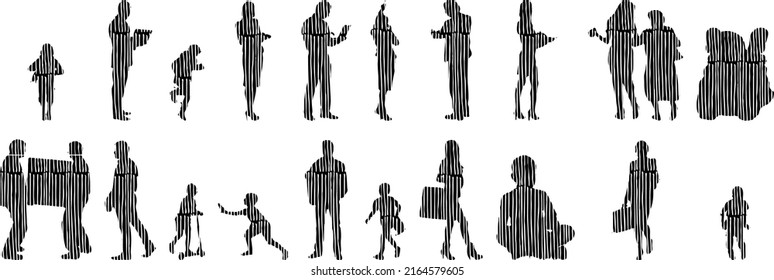 Vector silhouettes, Outline silhouettes of people, Contour drawing, people silhouette, Icon Set Isolated, Silhouette of sitting people, Architectural set	
