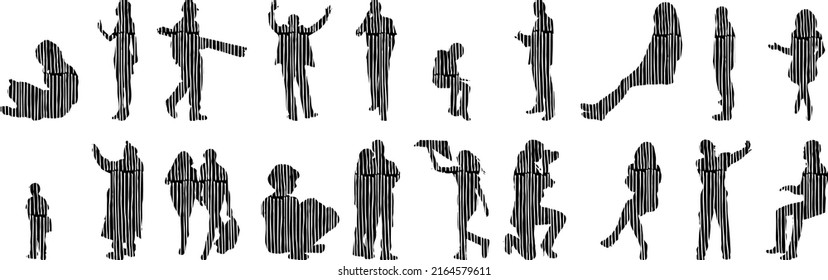 Vector silhouettes, Outline silhouettes of people, Contour drawing, people silhouette, Icon Set Isolated, Silhouette of sitting people, Architectural set	
