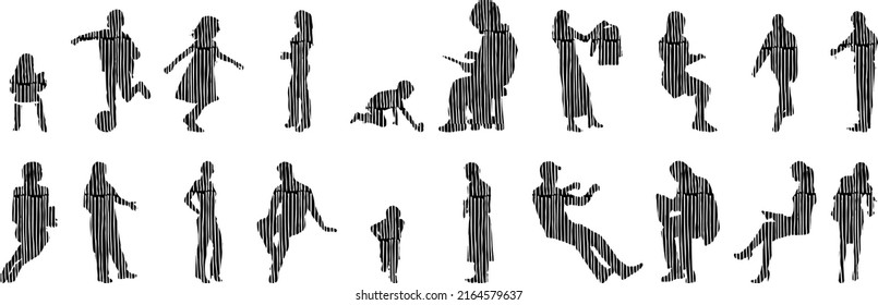 Vector silhouettes, Outline silhouettes of people, Contour drawing, people silhouette, Icon Set Isolated, Silhouette of sitting people, Architectural set	
