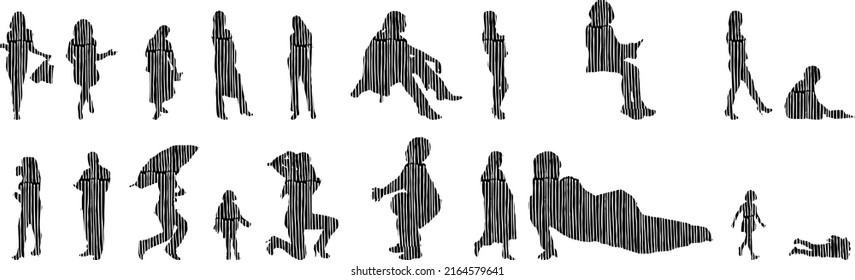 Vector silhouettes, Outline silhouettes of people, Contour drawing, people silhouette, Icon Set Isolated, Silhouette of sitting people, Architectural set	
