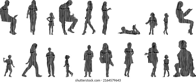 Vector silhouettes, Outline silhouettes of people, Contour drawing, people silhouette, Icon Set Isolated, Silhouette of sitting people, Architectural set	
